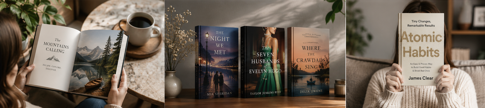 A children's illustrated book, a lineup of published novels, and a reader holding a finished book