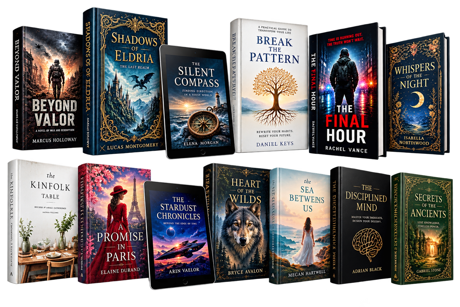 A fanned display of professionally published book covers