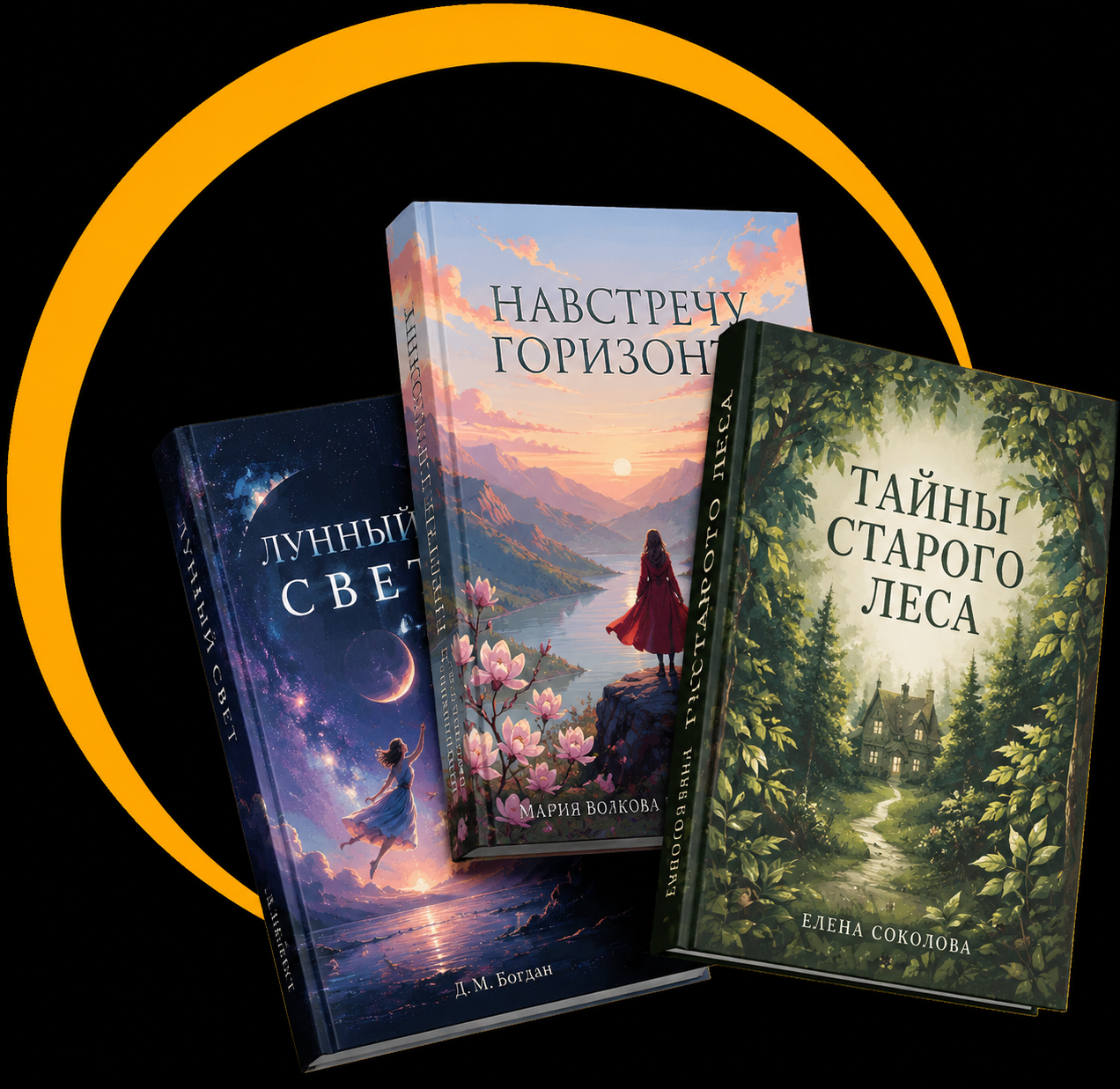 A stack of three published novels, framed by a gold ring